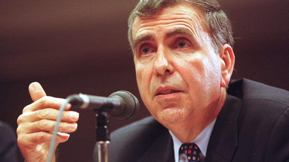 374514 02: Time Warner Chairman Gerald Levin testifies about the proposed merger of AOL and Time Warner at the Federal Communication Commission July 27, 2000 in Washington. (Photo by Michael Smith/Newsmakers)