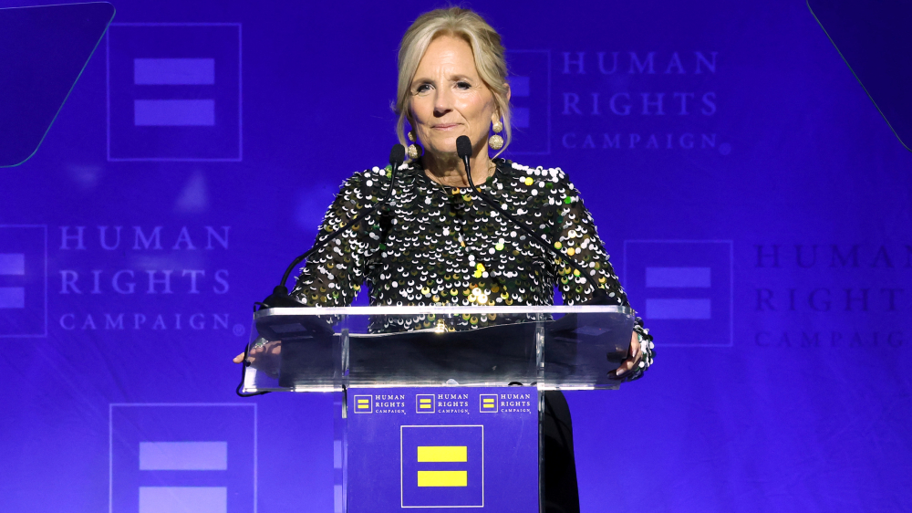 LOS ANGELES, CALIFORNIA - MARCH 23: Dr. Jill Biden speaks onstage during the Human Rights Campaign