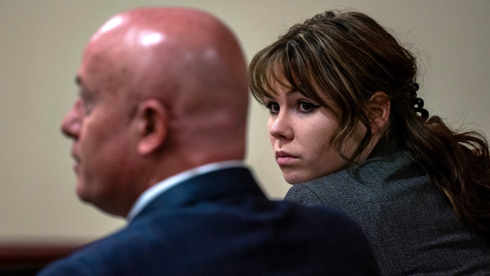 Hannah Gutierrez-Reed sits with her attorney Jason Bowles during the first day of testimony in the trial against her in First District Court, in Santa Fe, N.M., Thursday, February 22, 2024. Gutierrez-Reed, who was working as the armorer on the movie