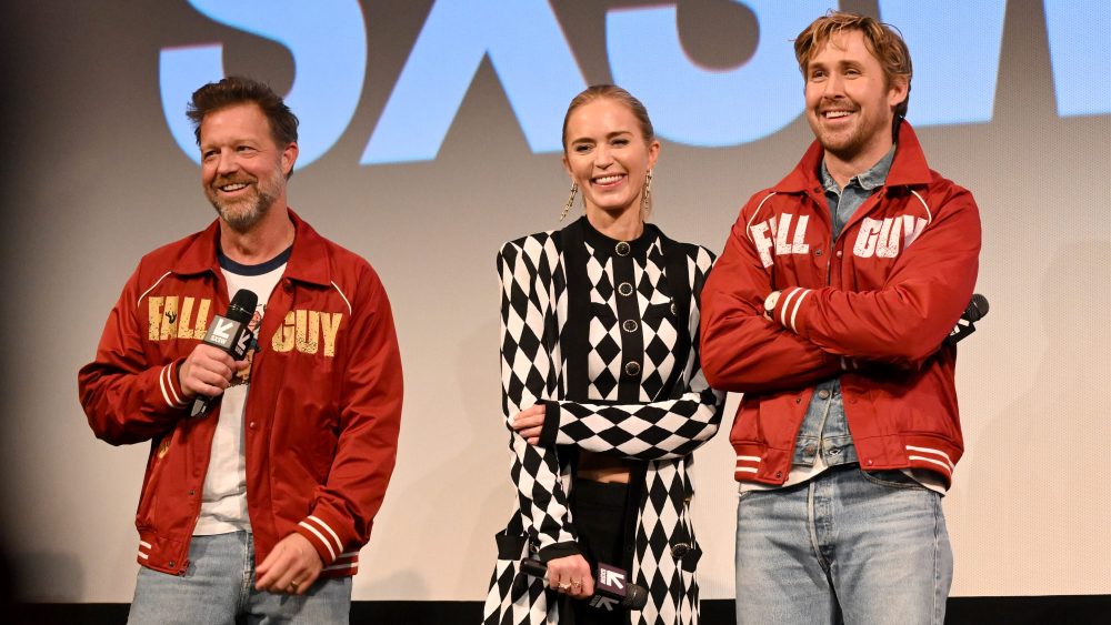 AUSTIN, TEXAS - MARCH 12: (L-R) David Leitch, Emily Blunt, and Ryan Gosling attend the SXSW premiere of