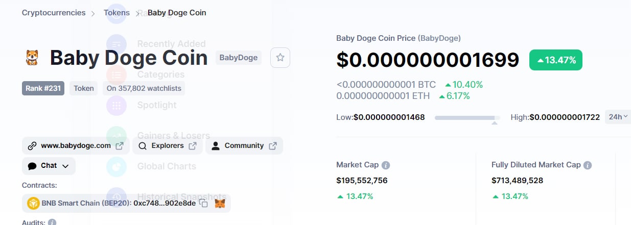 سعر عملة BabyDoge الرقمية ارتفع بنسبة 13% في آخر 24 ساعة