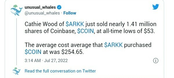 صندوق الاستثمار الأكثر شعبية ARK ييبيع أسهمه في منصة كوينبيس .