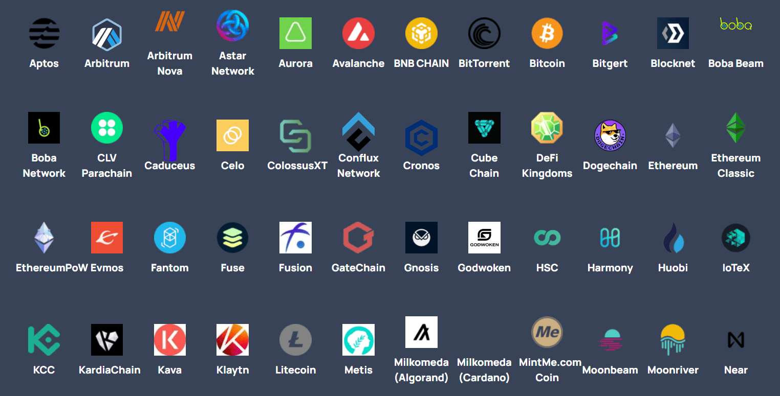 بعض من الشبكات المدعومة من قبل منصة Multichain 