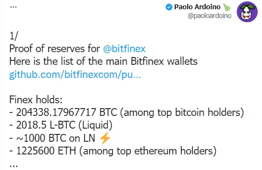 تغريدة باولو حول احتياطيات Bitfinex CTO