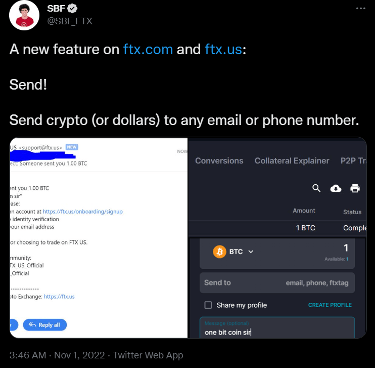تغريدة مؤسس منصة FTX حول إمكانية إرسال العملات الرقمية عبر رق الهاتف أو البريد الإلكتروني
