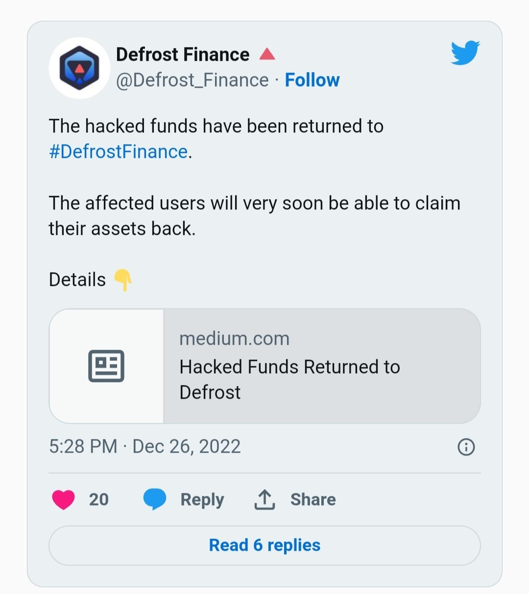 تغريدة عبر الصفحة الرسمية لمنصة ديفروست فاينانس التي أعلنت بها عن استراد الأموال المسروقة وردها للمتأثرين بأقرب وقت.