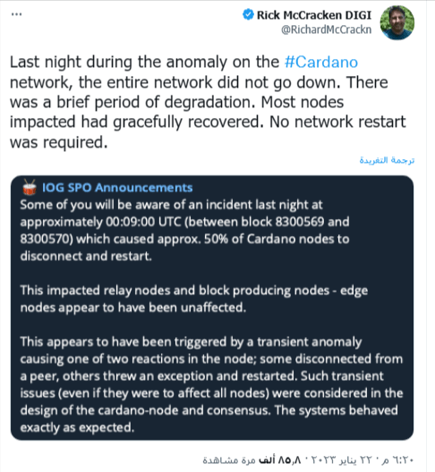 تغريدة ريك مكراكين حول توقف شبكة كاردانو