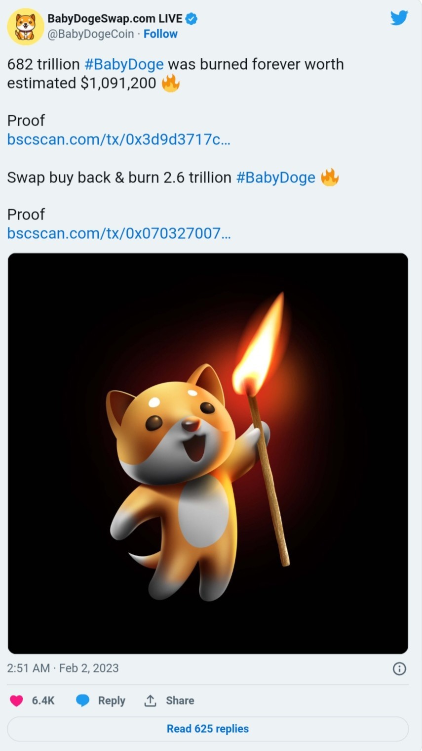 تغريدة فريق BABYDOGE حول عملية الحرق الأخيرة مع أحجام العملة التي تم حرقها والتي كانت السبب الرئيسي برفع سعرها.