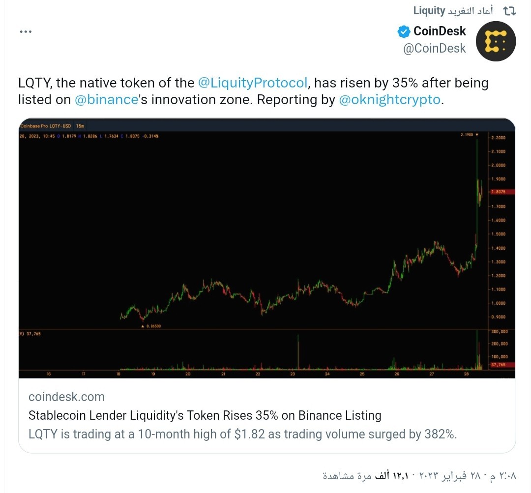 سعر عملة LQTY لحظة إدراجها على منصة بينانس