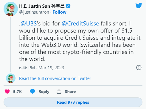 تغريدة جاستن  صن المنافسة حول الإستحواذ على بنك Credit Suisse ودمجه مع بلوكتشين