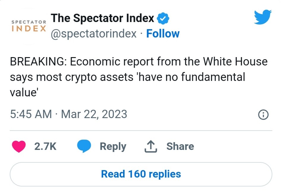 تغريدة الحساب الموقع الرسمي الشهير Spectator Index حول تقرير البيت الأبيض