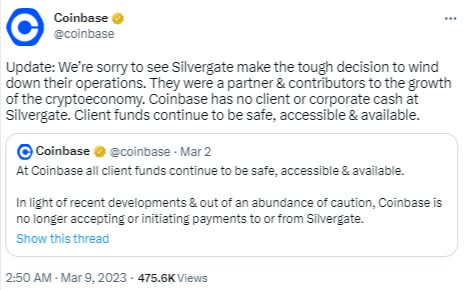 منصة Coinbase توقف مدفوعات بنك Silvergate