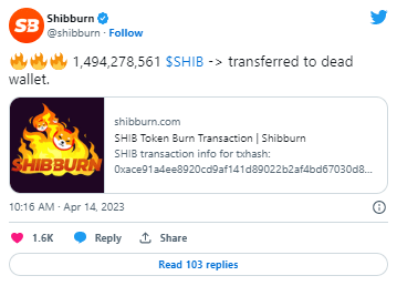 تغريدة Shibburn توضح رصد عملية تحويل 1.49 مليار عملة شيبا اينو إلى محفظة ميتة يوم 14 أبريل.