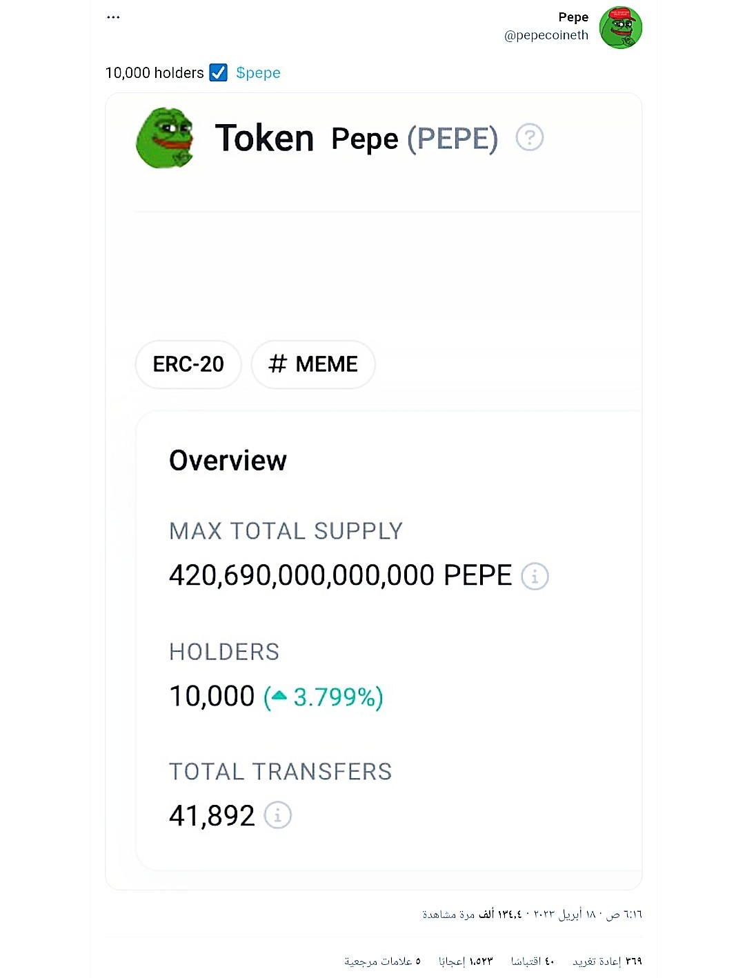 عملة PEPE الميمية تحقق أرقاما قياسية في وقت قصير