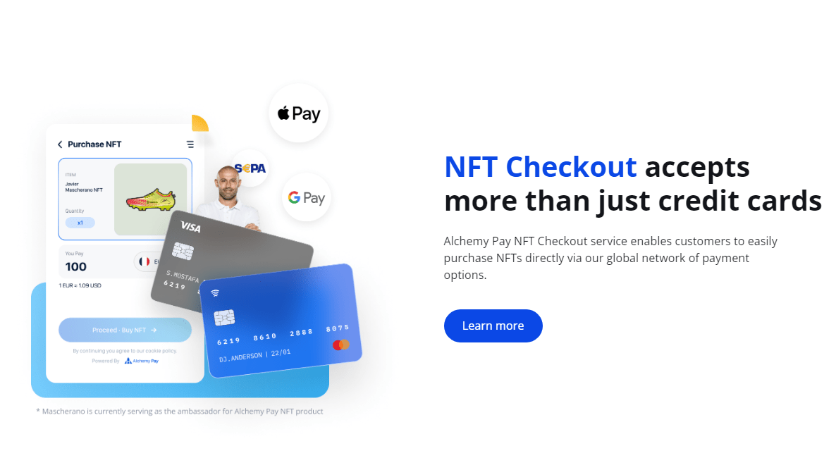 صورة توضح امتلاك منصة Alchemy Pay لخدمة بيع رموز NFTs