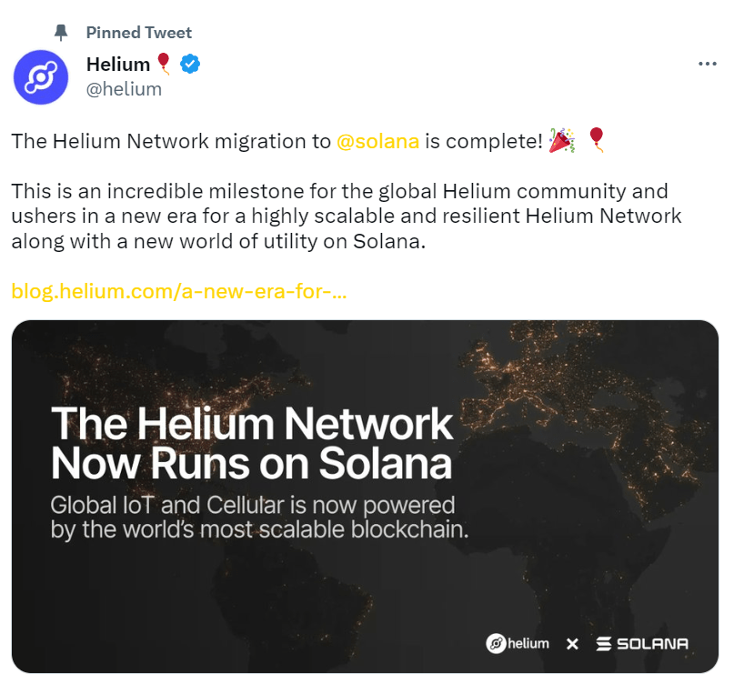 إعلان فريق Helium نجاح الانتقال إلى شبكة سولانا