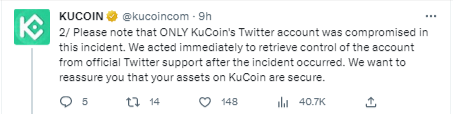 منصة KuCoin تعلن استعادة حسابها على تويتر