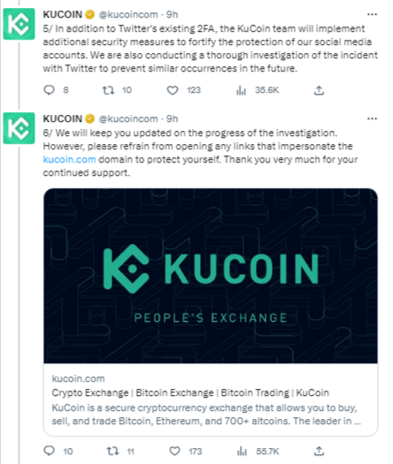 تغريدة KuCoin حول أمن المنصة والإجراءات الاحترازية