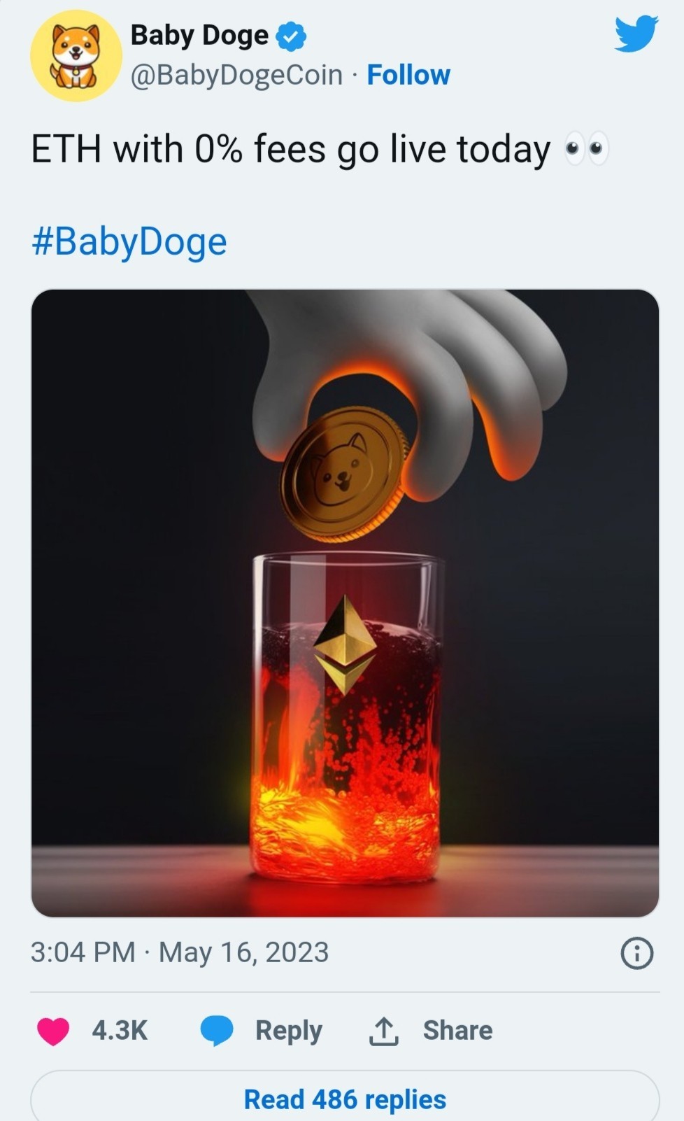 تغريدة فريق عملة BabyDoge حول  توفرها على شبكة الإيثيريوم برسوم صفرية اعتباراََ من 16 مايو 2023