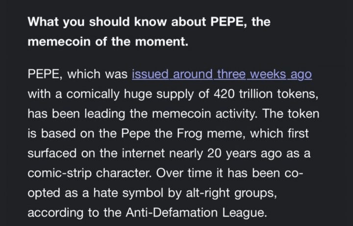 جزء من مقالة منصة كوينبيس حول عملة PEPE 