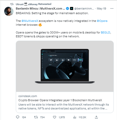صورة التغريدة التي أعلنت فيها شركة MultiversX عن شراكة مع متصفح Opera