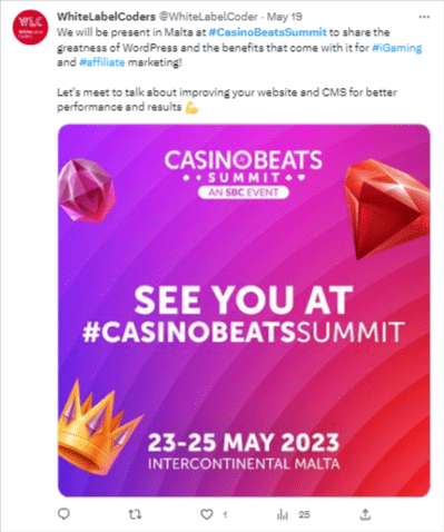 صورة تغريدة تشير لمعلومات عن حدث Casino Beats Summit في مالطا