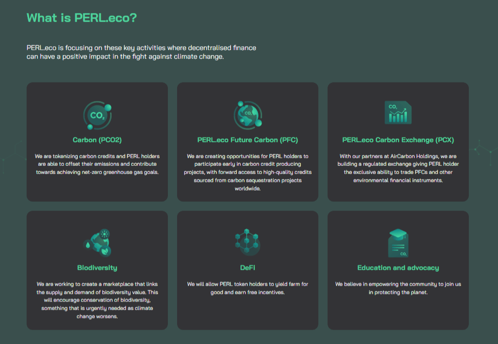 صورة توضح جوانب العمل والخدمات التي يقدمها مشروع PERL.ceo البيئي اللامركزي