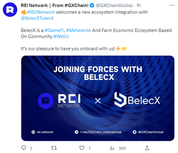 تغريدة شبكة REI Network التي أعلنت فيها عن نجاح تكامل نظامها مع منصة BelecX