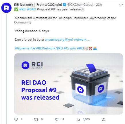 تغريدة شبكة REI Network التي أعلنت فيها اقتراح حوكمة جديد لتحسين كفاءة الشبكة