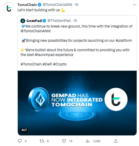 صورة التويتة التي أعلن فيها عن التعاون بين شبكة TomoChain ومنصة GEMPAD