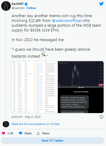 تغريدة أحد محللي بلوكتشين حول قيام  مشروع zjz.eth ببيع حجم كبير من WSB وشراء بدلا منها 334 إثيريوم