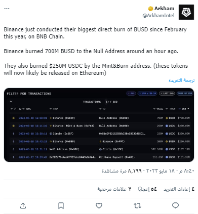 تغريدة Arkham Intelligence حول عمليات حرق بينانس لعملة BUSD