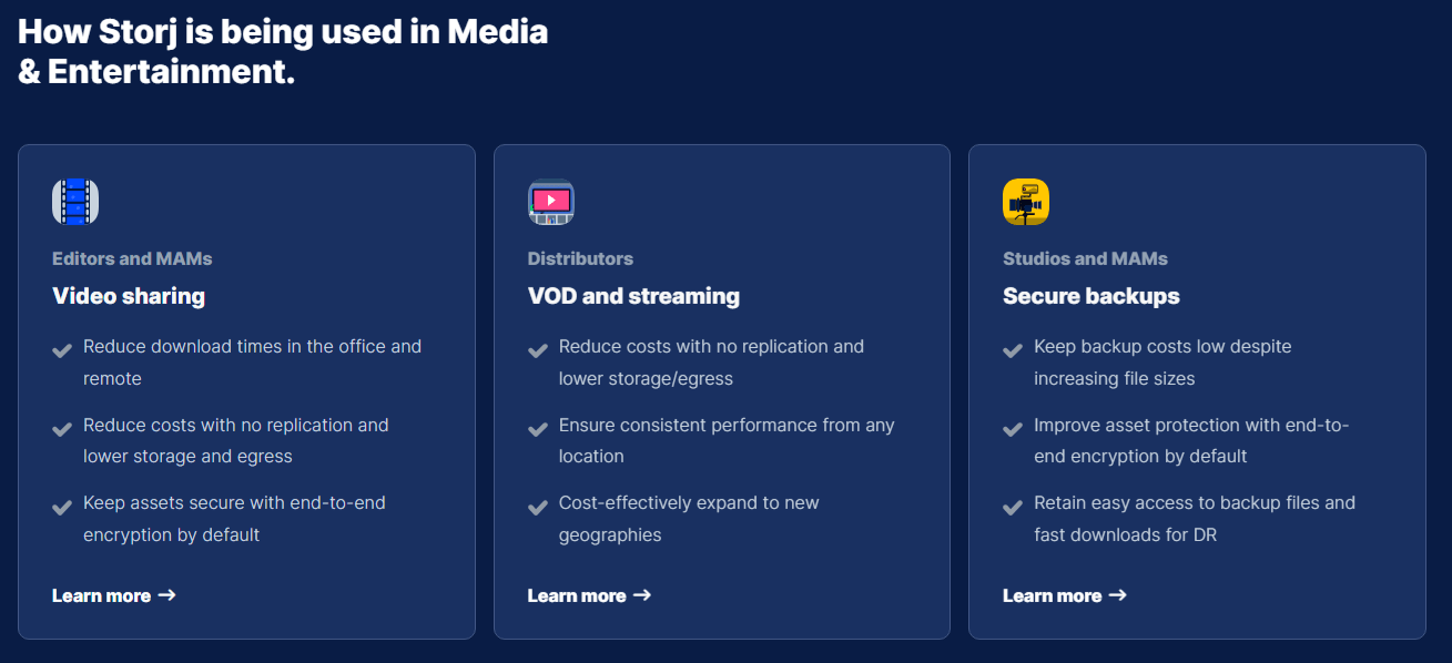 صورة لخدمات منصة Storj في جانب وسائل الإعلام والترفيه