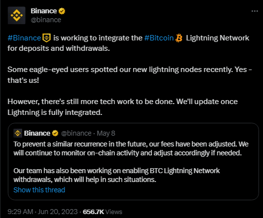 منصة بينانس تكشف عن إعداد تعاون مع شبكة BTC Lightning