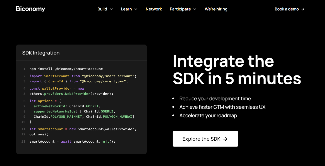 عملية دمج SDK تستغرق 5 دقائق فقط في منصة Biconomy