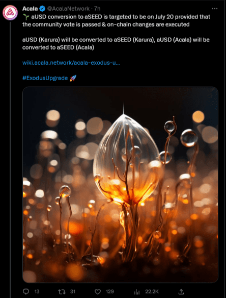 منصة Acala تعلن عن اقتراح تحويل عملة aUSD إلى aSEED
