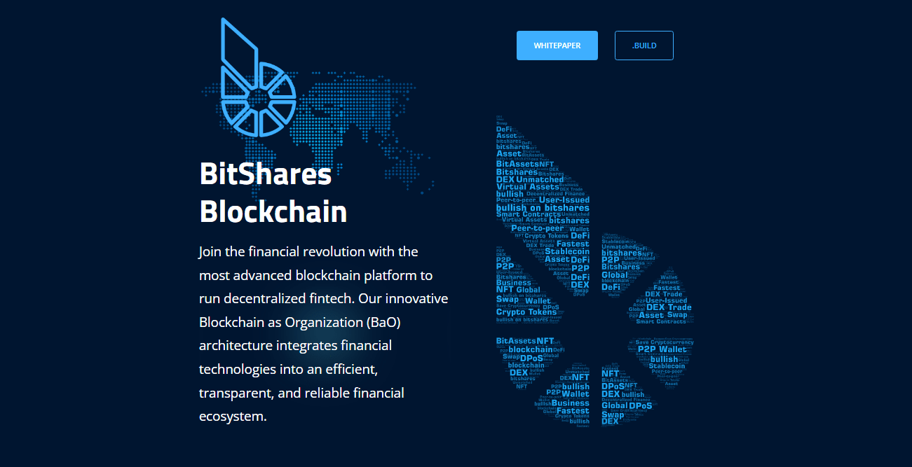 صورة واجهة الموقع الرسمي لشبكة BitShares اللامركزية