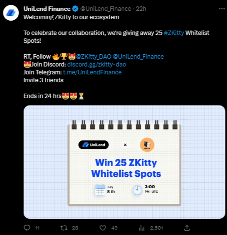 منصة UniLend تعلن عن شراكة مع منصة ZKitty.
