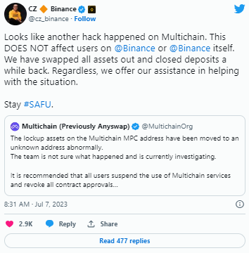 تغريدة مؤسس بينانس ورد فعله حول حدث اختراق برتوكول Multichain