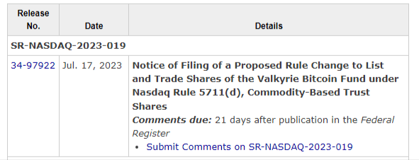 إشعار تقدم شركة Valkyrie بطلب الحصول على صندوق تداول فوري للبيتكوين