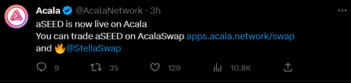 منصة Acala تعلن عبر حسابها على تويتر إدراج عملة aSEED للتداول عبر موقعها.