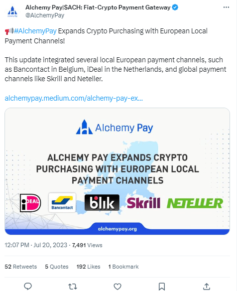 تغريدة Alchemy Pay حول شراكاتها الجديدة في أوربا ودعمها للعملات الرقمية