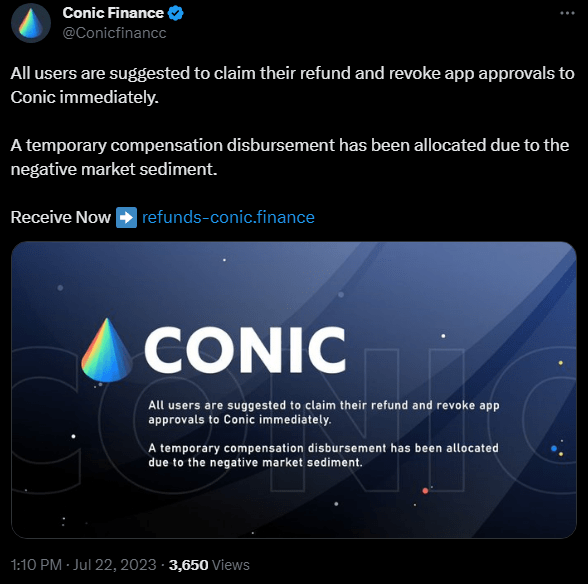 منصة Conic تعلن البدء عن تلقي طلبات الاسترداد للمتضررين.