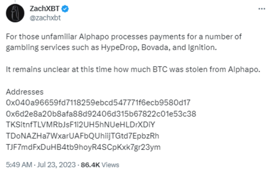 المحلل ZachXBT يقول أنه لم يعرف بعد حجم البيتكوين المسروق من منصة Alphapo