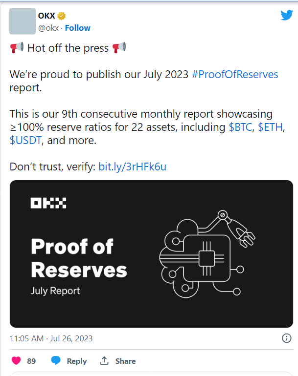 كشفت شركة OKX عن مخزونها الاحتياطي للمرة التاسعة