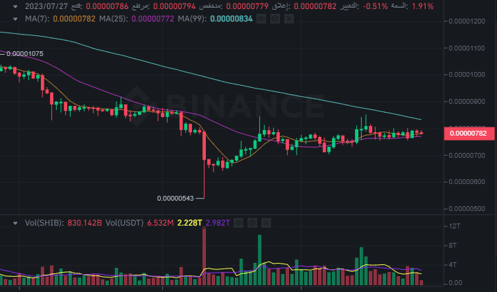 سعر عملة شيبا إينو خلال الـ 24 ساعة الماضية وملاحظة الإرتفاع الطفيف في سعرها اليوم 27 يوليو