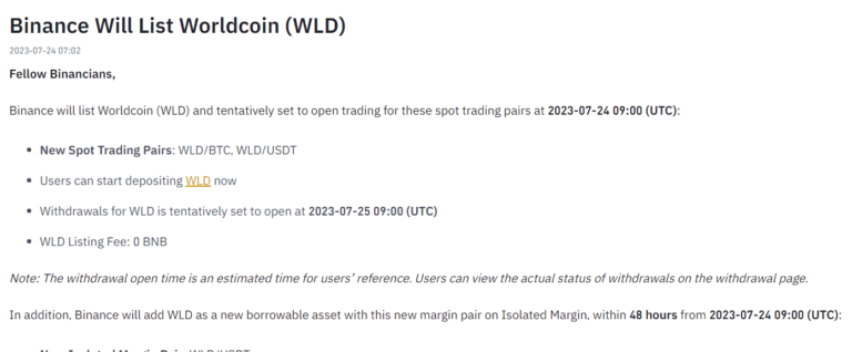 منصة بينانس تعلن إدراج عملة WLD الرقمية