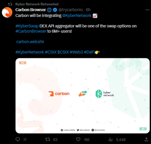 منصة Carbon Browser تعلن عن شراكتها مع شبكة Kyber