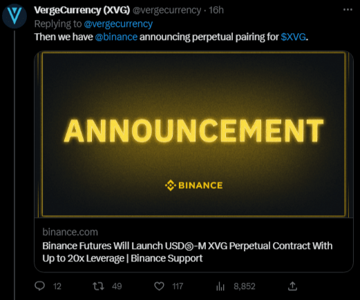 بينانس تعلن تزويد عملة XVG الرقمية برافعة مالية