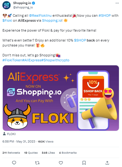 تغريدة منصة  Shopping حول دعمها لعمة FLOKI لشراء البضائع من موقع Aliexpress